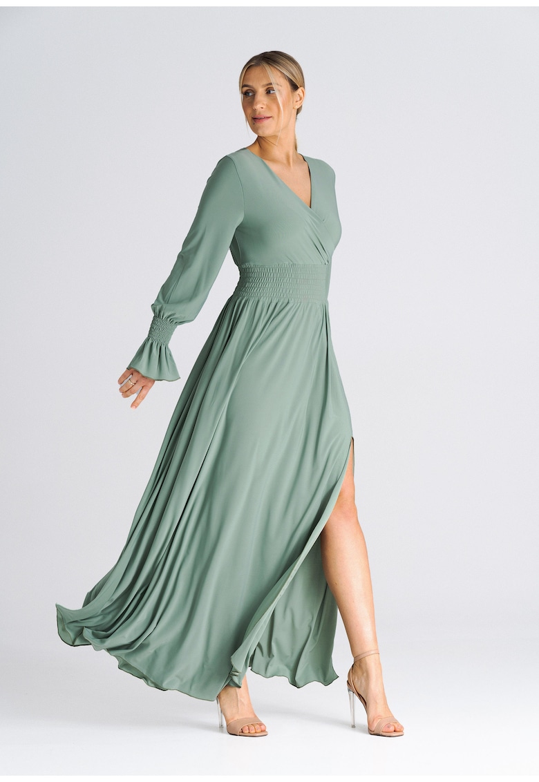 Rochie maxi verde maslinie - talie elastica - decolteu in V - crapatura - poliester 95% elastan 5% - Rochie maxi verde maslinie - talie elastica - decolteu in V - crapatura - poliester 95% elastan 5% -