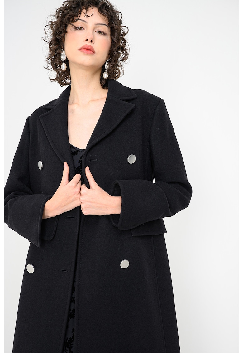 Palton lung din amestec de lana cu model cu doua randuri de nasturi Fenis