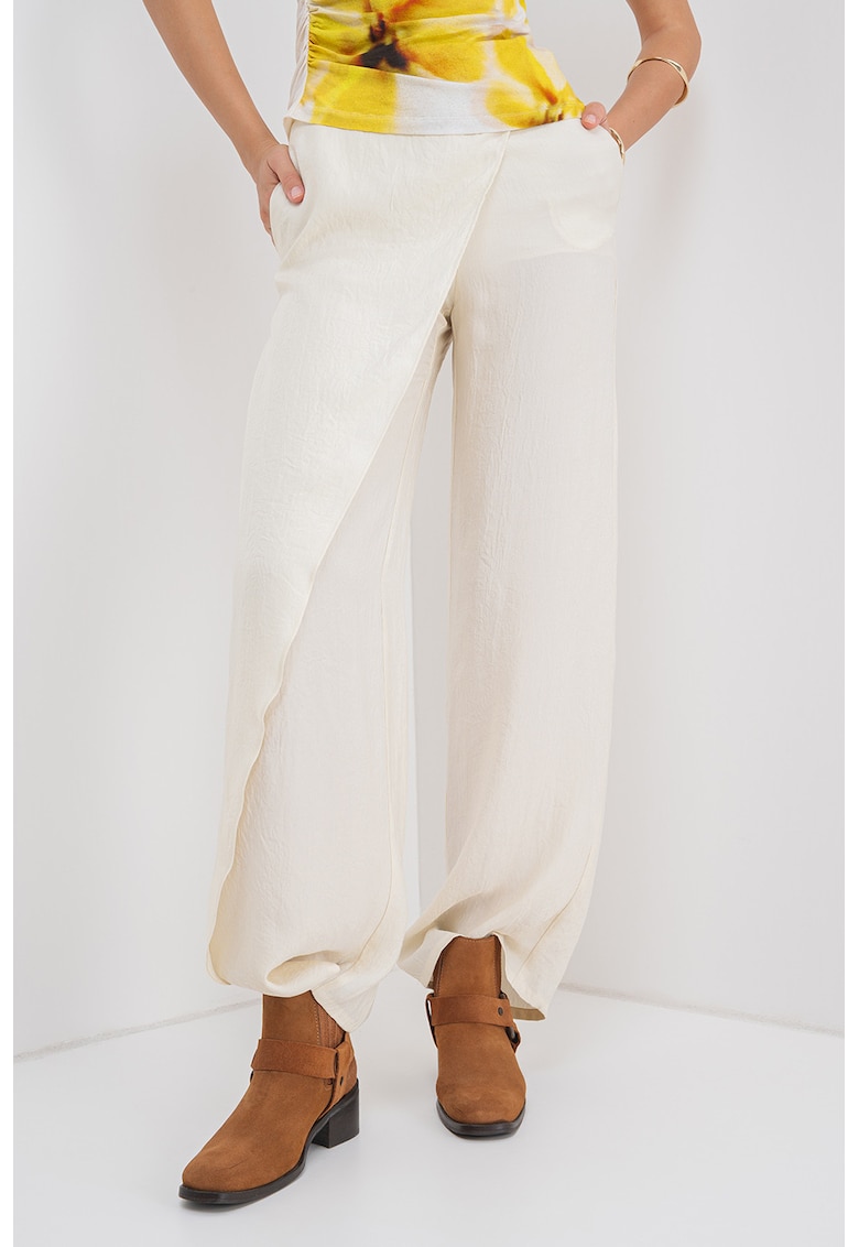 Pantaloni cu croiala ampla si talie inalta - Alb fildes