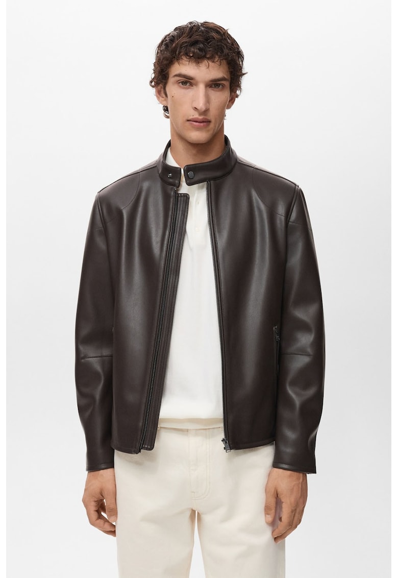 Jacheta slim-fit din piele ecologica - Maro inchis