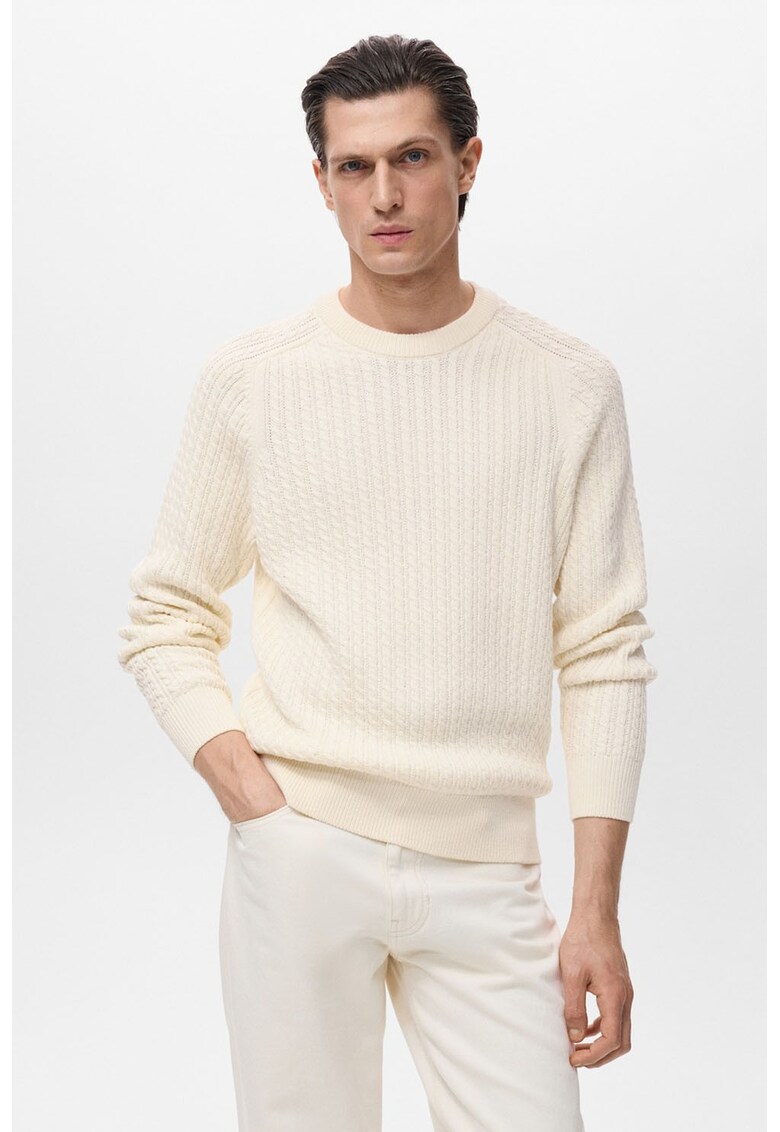 Pulover din bumbac cu decolteu la baza gatului - Alb fildes