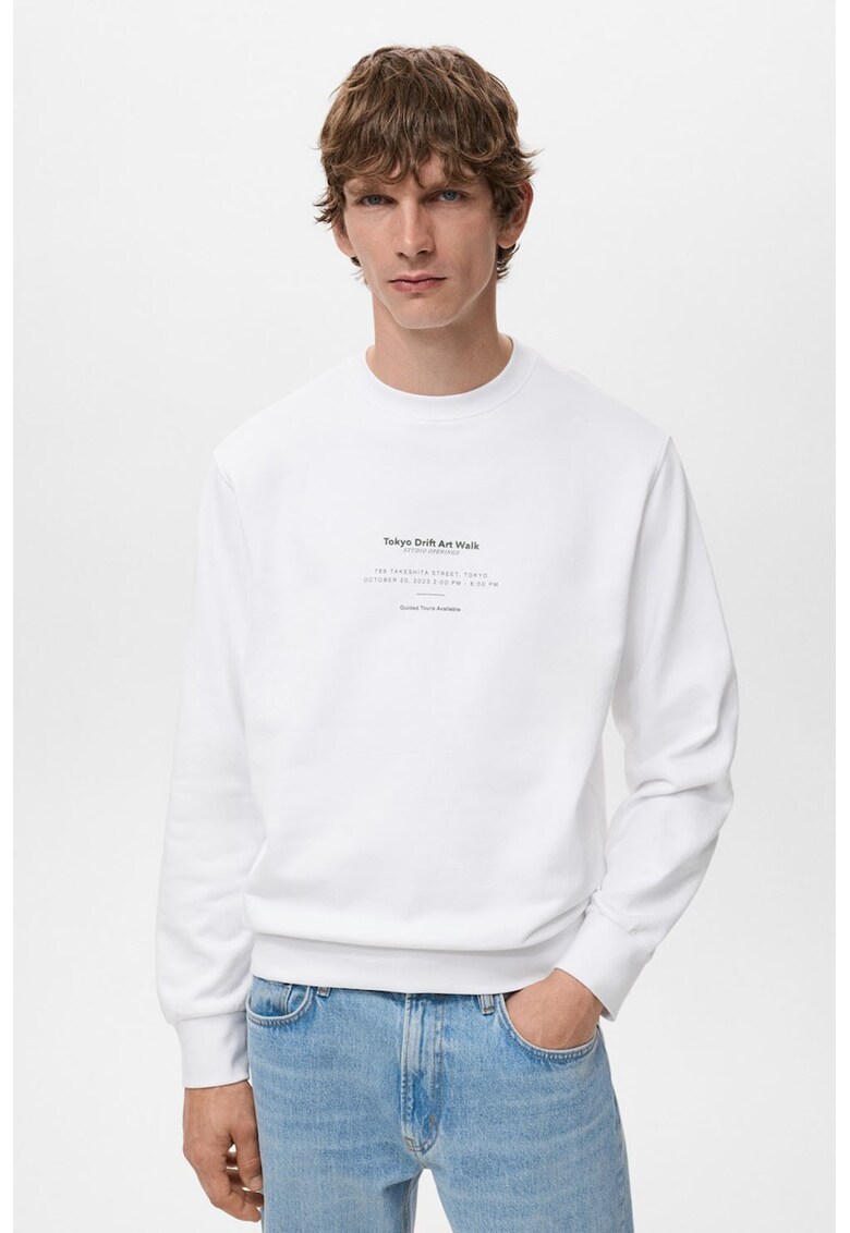 Bluza de trening din bumbac cu design text - Negru stins/Alb optic