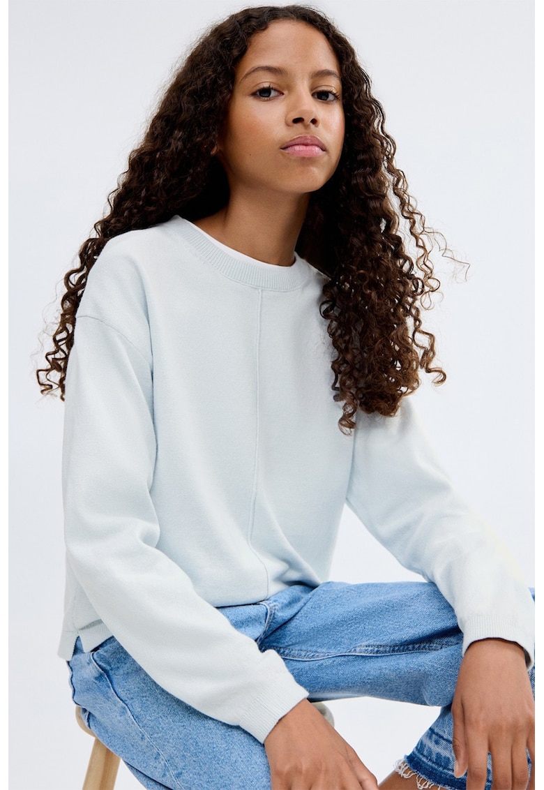 Pulover cu decolteu la baza gatului si maneci cazute - Albastru glaciar