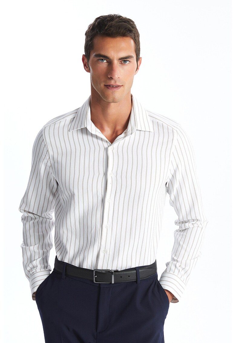 Camasa din amestec de bumbac cu dungi - Alb optic