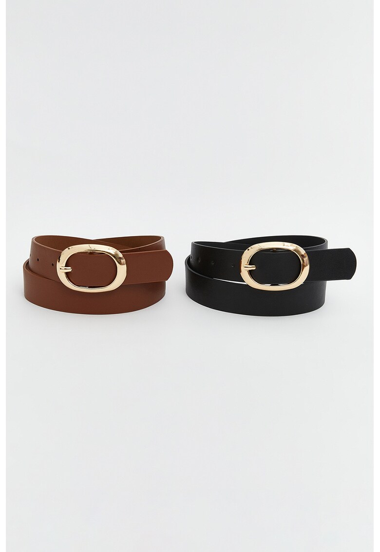 Set de curele late din piele ecologica - 2 piese - Negru/Caramel