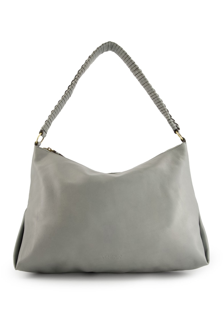 Geanta de umar pentru femei -  piele naturala - albastra - 34x46x12cm - 3 buzunare interioare - manere impletite de 61cm