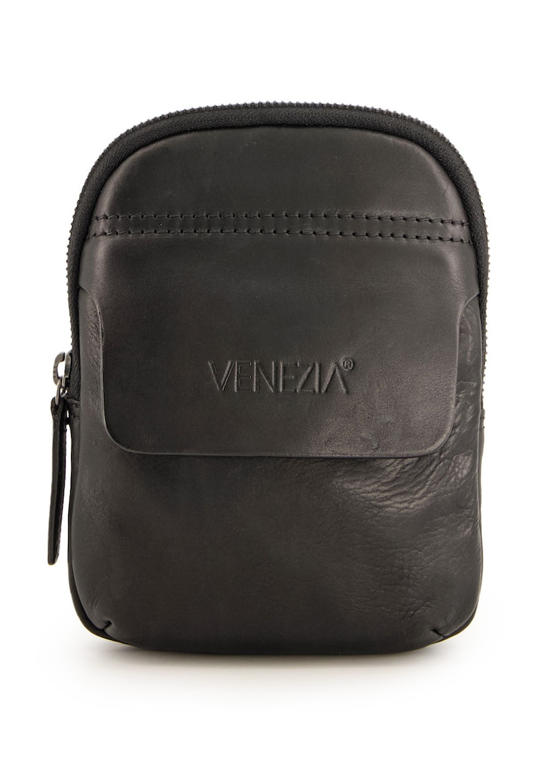 Geanta crossbody din piele naturala cu detaliu logo stantat - Negru