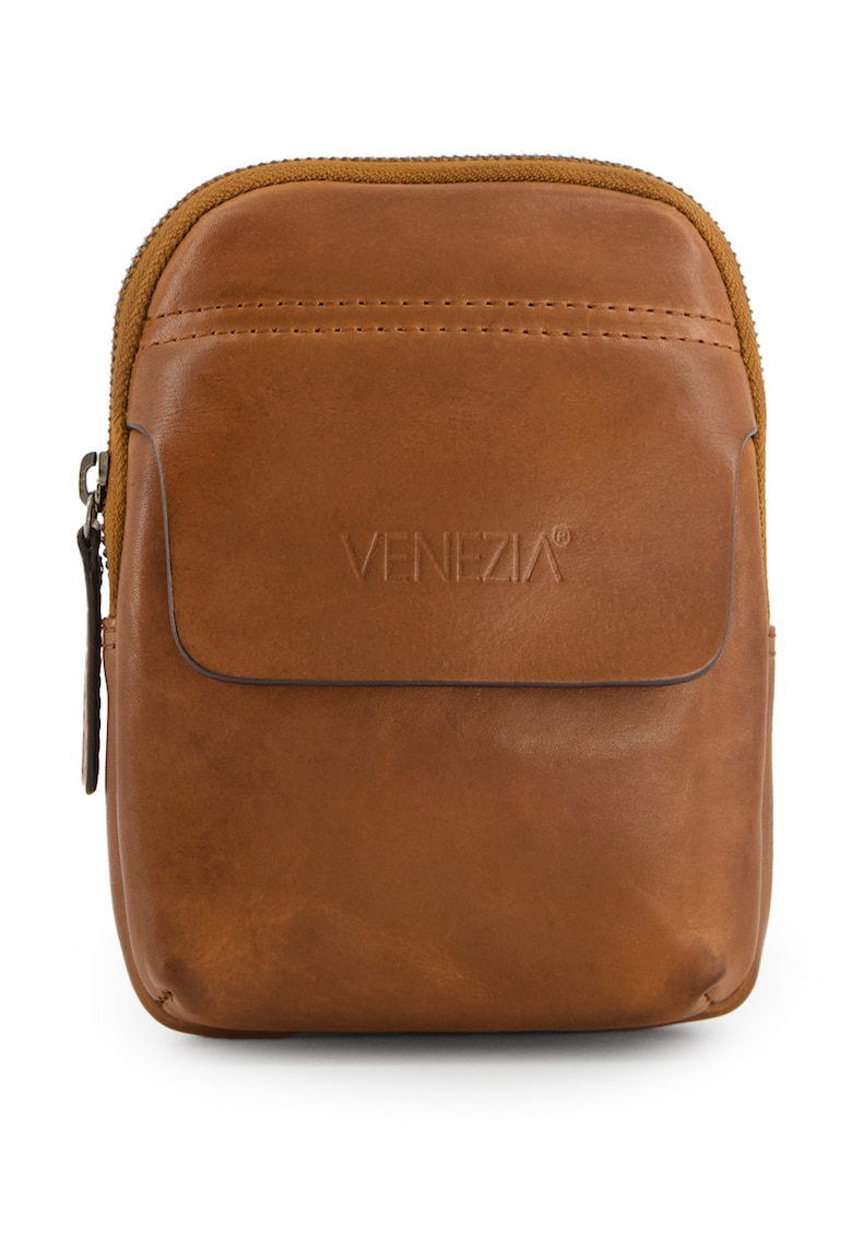 Geanta crossbody din piele naturala cu detaliu logo stantat - Maro