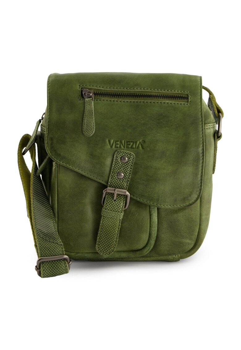 Geanta crossbody barbati - piele naturala - verde - 25x24x8cm - 6 buzunare - curea max 140cm