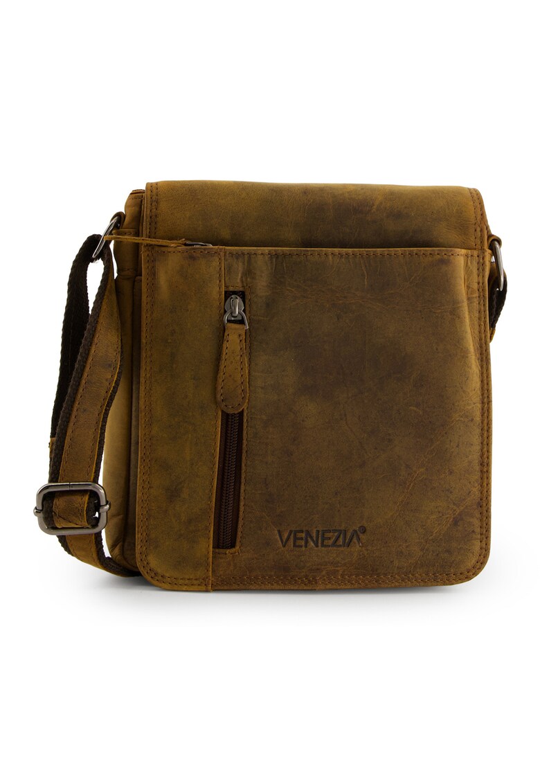 Geanta barbati - crossbody - piele naturala - maro - 22x6x7cm - set cu 3 buzunare interioare si 3 exterioare