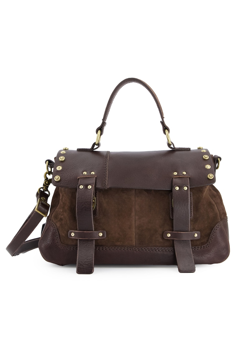 Geanta crossbody dama piele intoarsa - maro - 21x35x15cm - 5 buzunare interioare - curea detasabila max 114cm