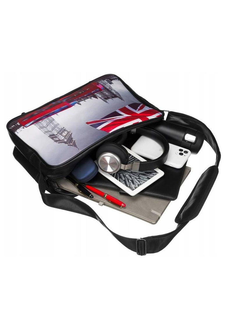 Geanta de dama crossbody - neagra - cu print original - dimensiune A4 - cu un compartiment si 4 picioruse de protectie