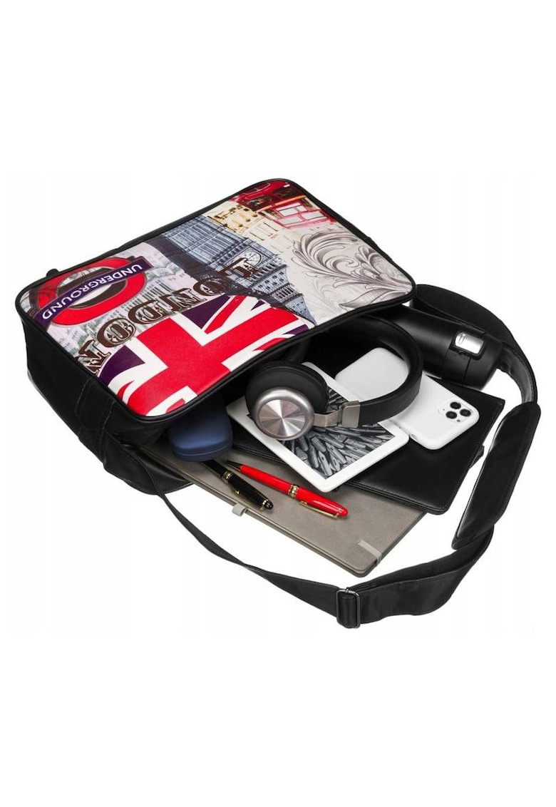 Geanta de dama crossbody - neagra - cu print original - dimensiune A4 - un compartiment - cu 4 picioruse de protectie