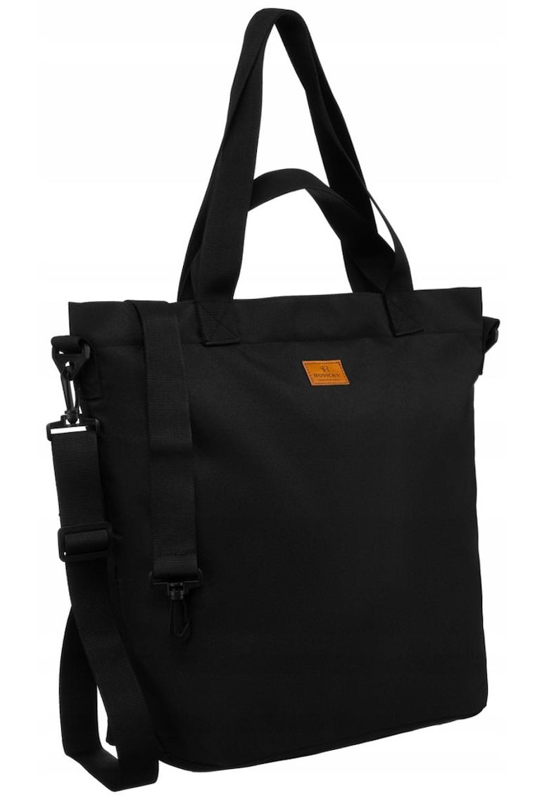 Geanta shopper neagra din poliester - cu doua buzunare - cu manere si curea reglabila