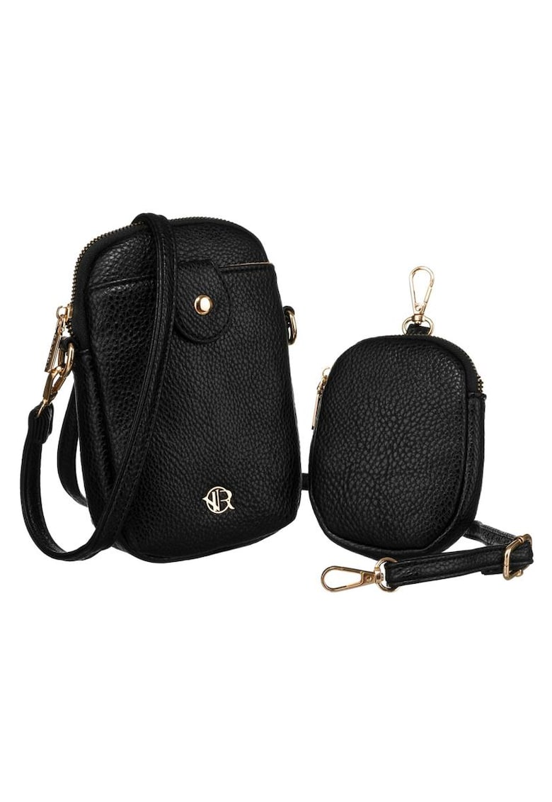 Geanta dama etui - negru - cu 2 buzunare - din piele ecologica - cu curea reglabila