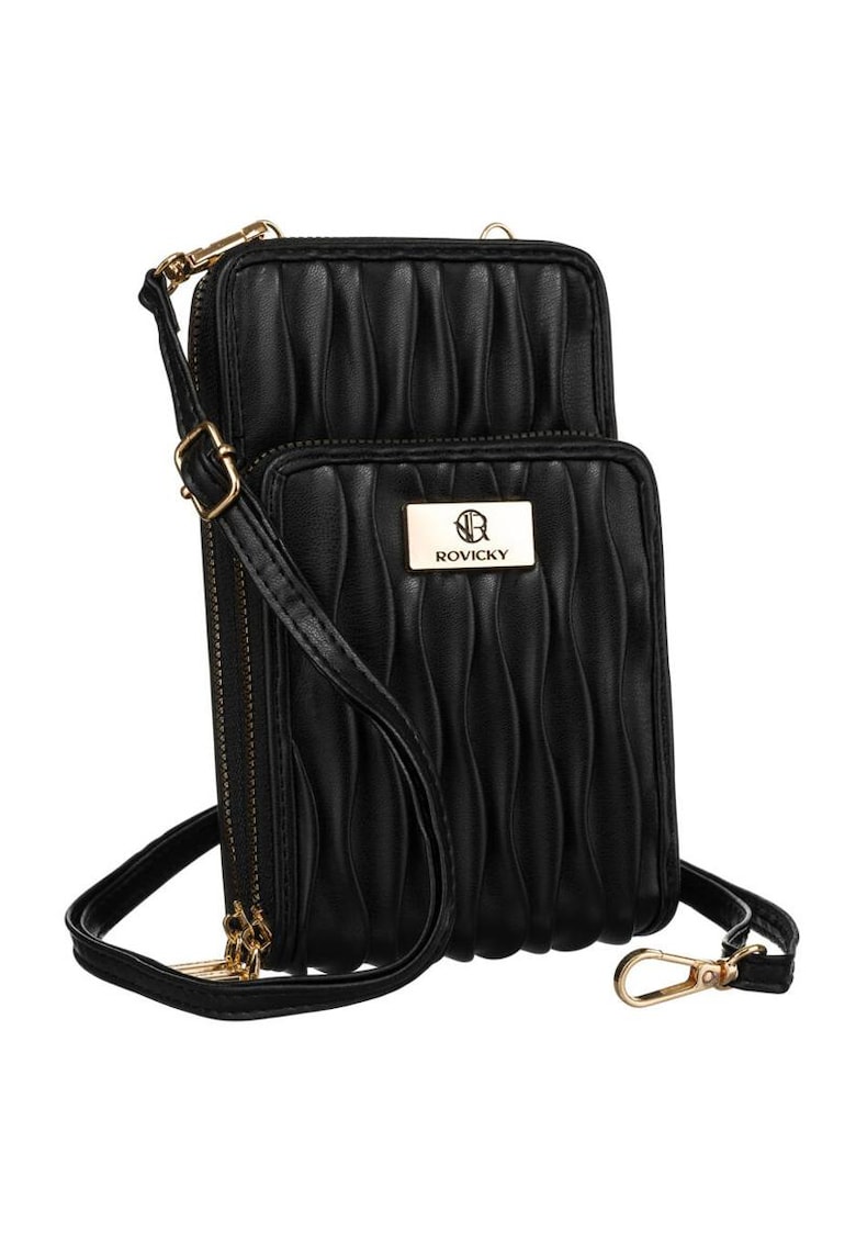 Geanta dama din piele ecologica - neagra - cu textura plisata - set cu cura ajustabila.