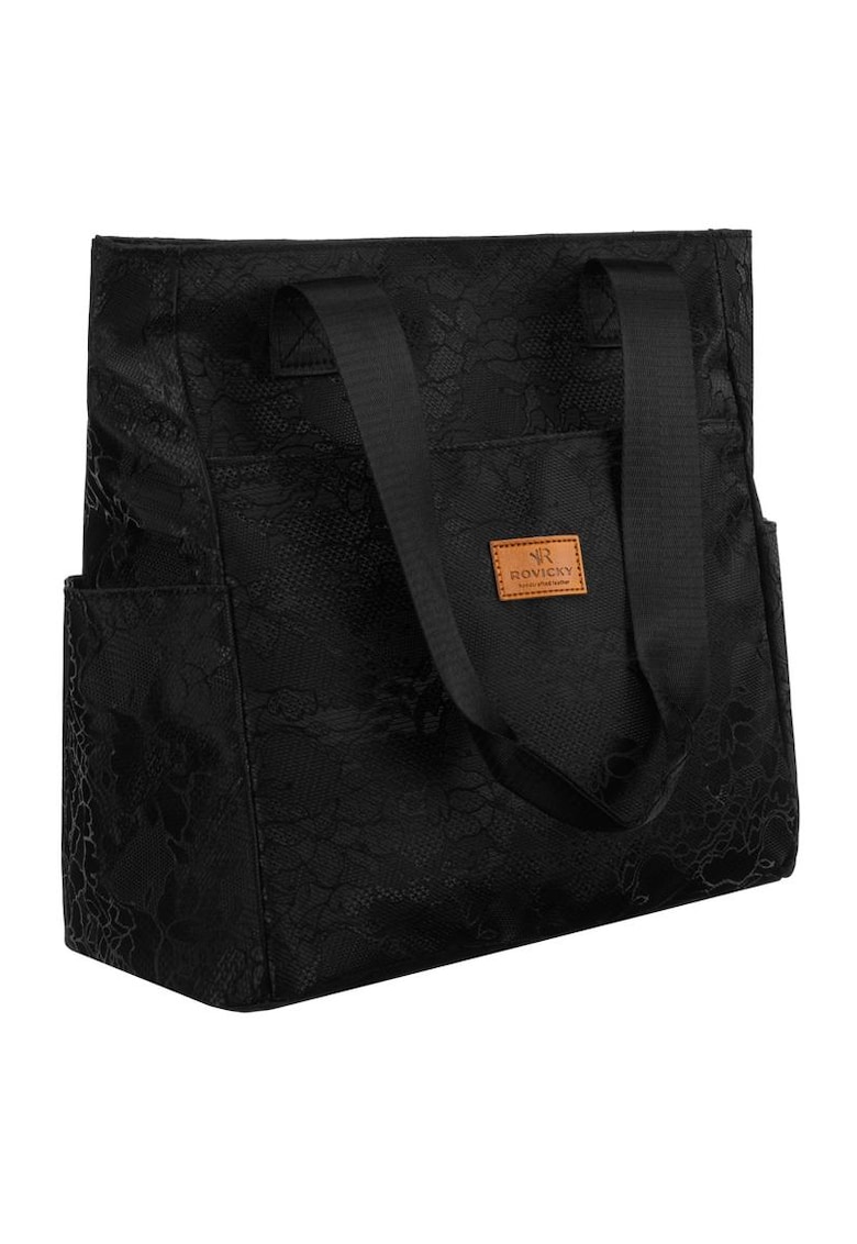 Geanta tote dama neagra - 30x28x15cm - cu model floral - cu manere lungi si buzunar exterior