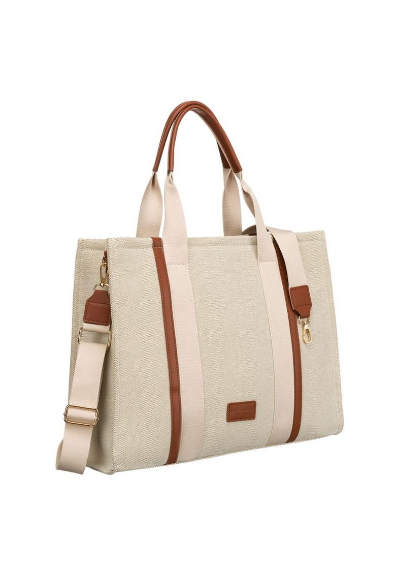 Geanta tote dama - bej - cu detalii aurii - din piele naturala si poliamida - cu manere si curea reglabila