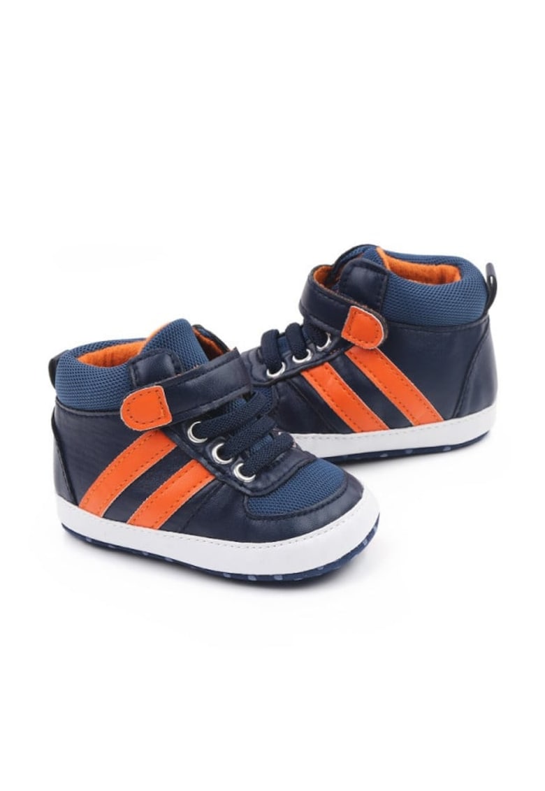 Pantofi sport Model AL 19525 cu dungi portocalii - Piele ecologica - Baieti - 3-6 luni - Bleumarin -