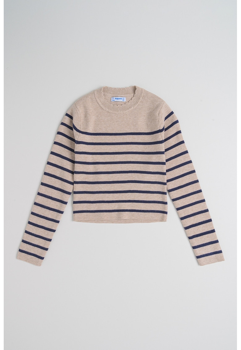 Pulover tricotat fin cu model in dungi - Maro camel/Bleumarin