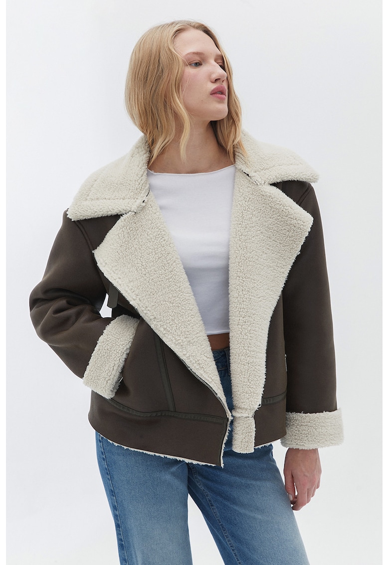 Jacheta de piele intoarsa sintetica cu fermoar