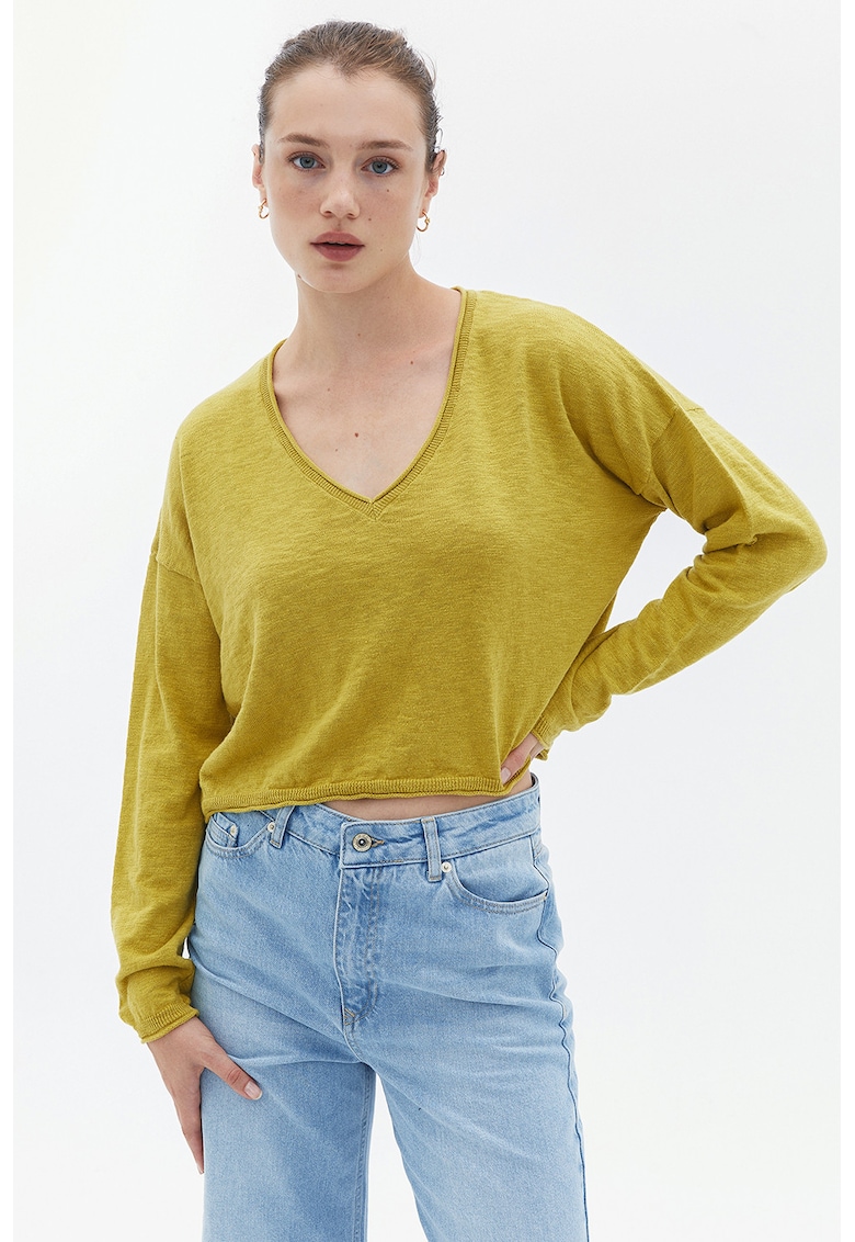Pulover crop cu decolteu in V si maneci cazute