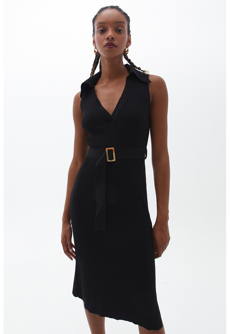 Rochie midi cu decolteu in V - Negru