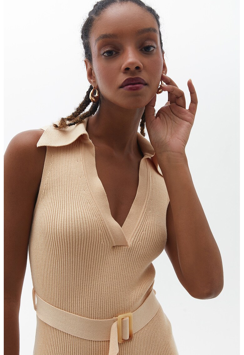 Rochie midi cu decolteu in V - Maro camel