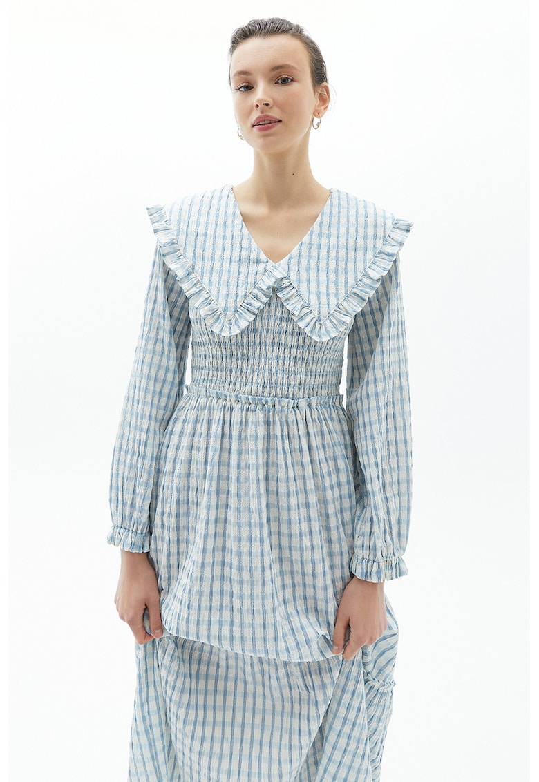 Rochie lunga cu model in carouri Papykpoti - Alb/Albastru deschis