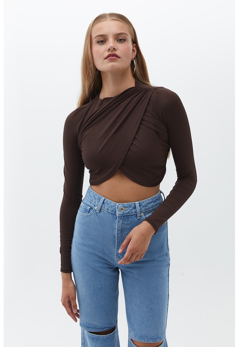 Bluza crop cu design drapat - Maro inchis