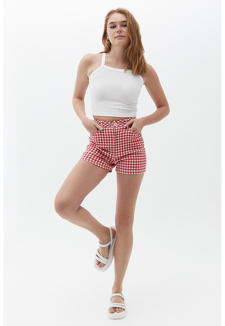 Pantaloni scurti cu talie inalta si model in carouri