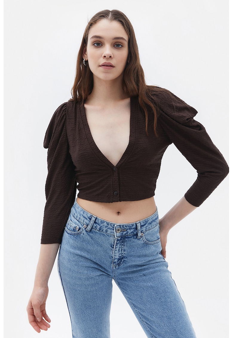 Bluza crop cu decolteu in V si maneci bufante Bluza crop cu decolteu in V si maneci bufante