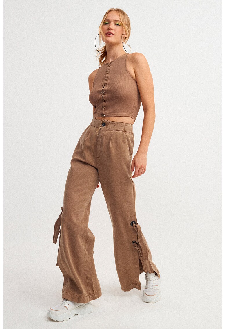 Pantaloni din amestec de lyocell cu inchideri laterale - Maro taupe