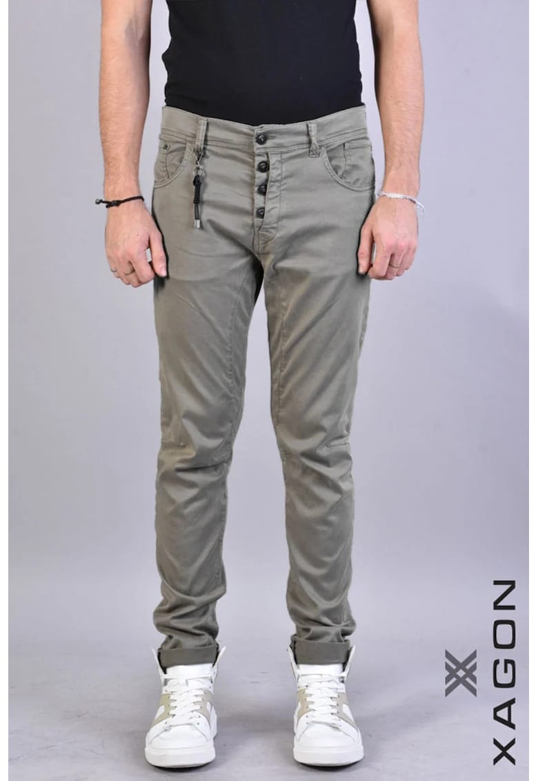 -Pantaloni drepți cu accesoriu metalic prins în gaică - Gri