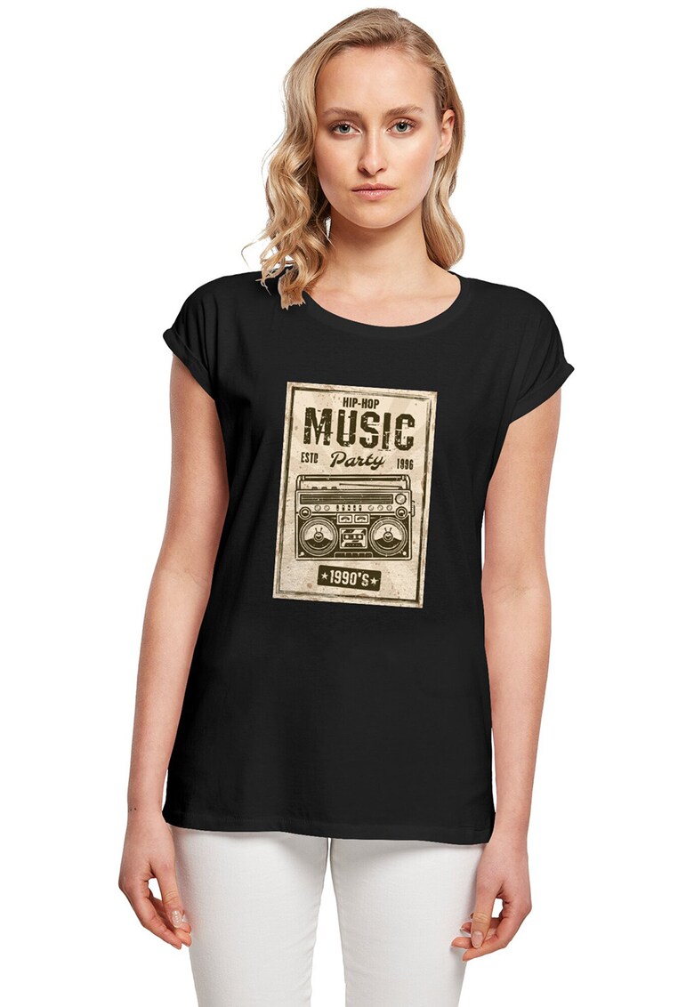 Tricou cu imprimeu si decolteu rotund - Negru