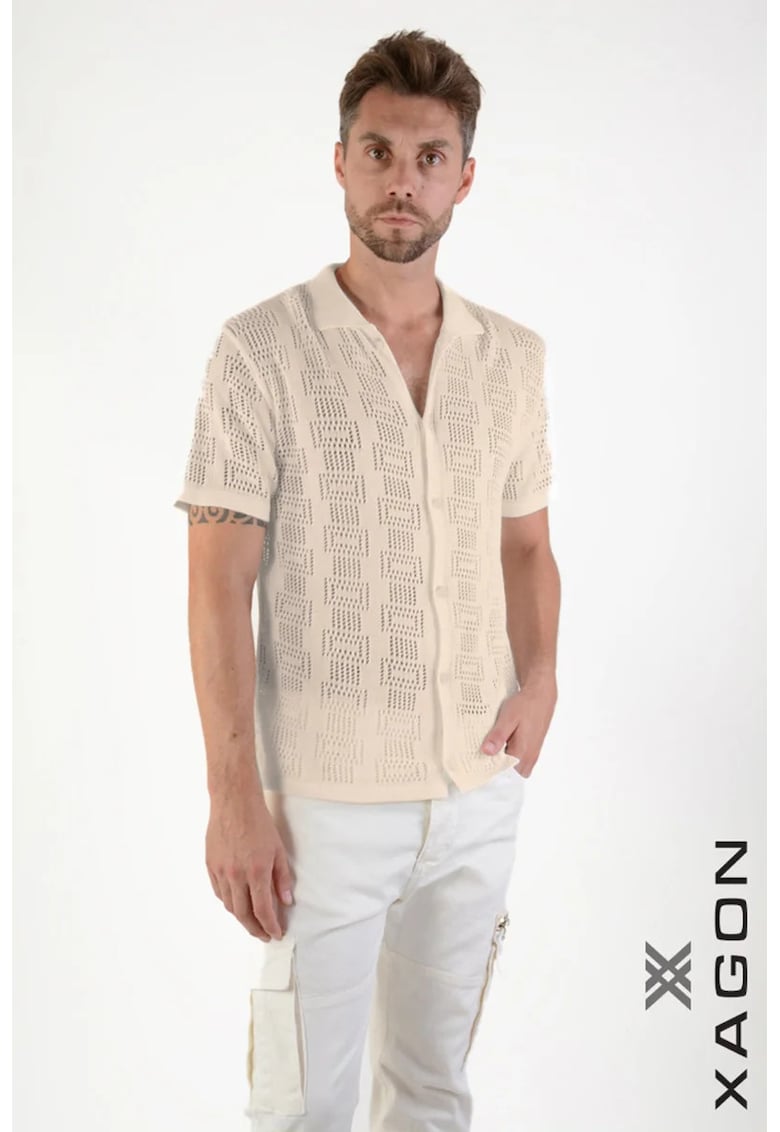 Tricou regular fit transparent cu inchidere prin nasturi - Bej