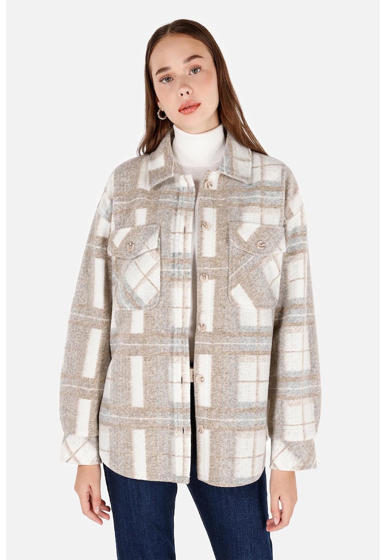 Jacheta regular fit in carouri - Alb fildes/Maro taupe