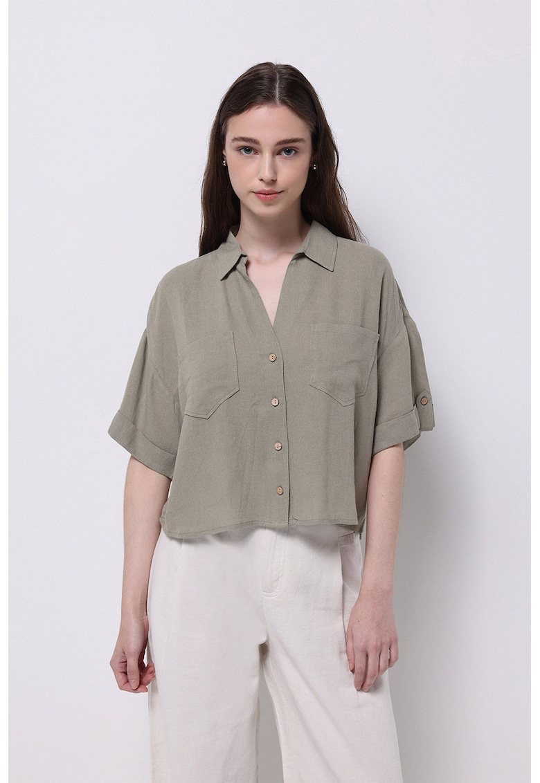 Camasa lejera din amestec de in cu buzunare pe piept