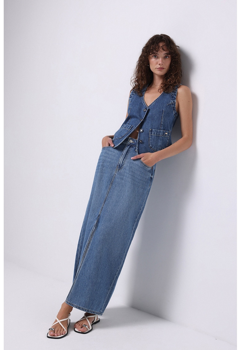 Fusta lunga de denim cu slit frontal Fusta lunga de denim cu slit frontal