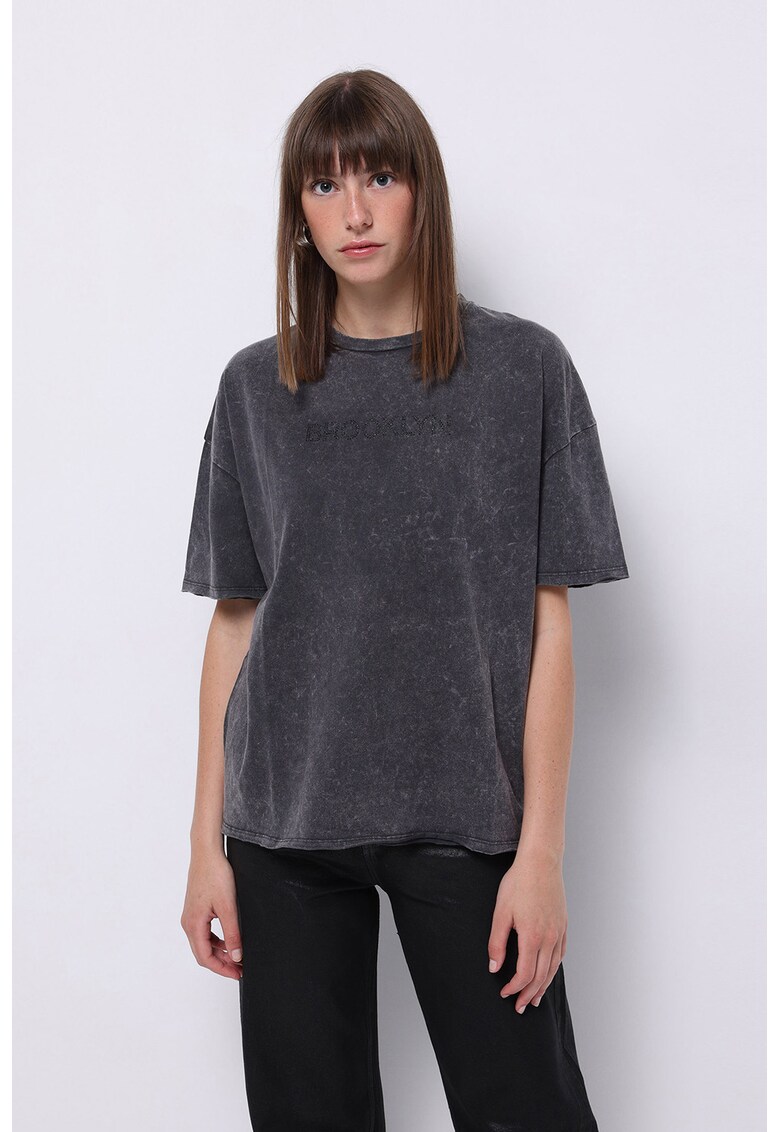 Tricou de bumac cu decolteu la baza gatului - Negru melange