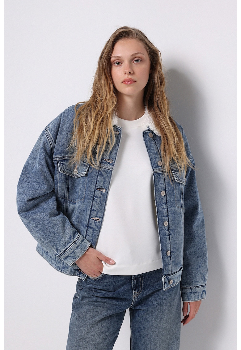 JAcheta lejera de denim cu guler de blana sintetica