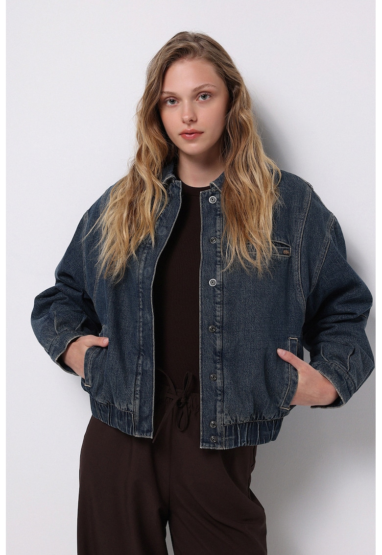 Jacheta din denim cu talie elastica si capse