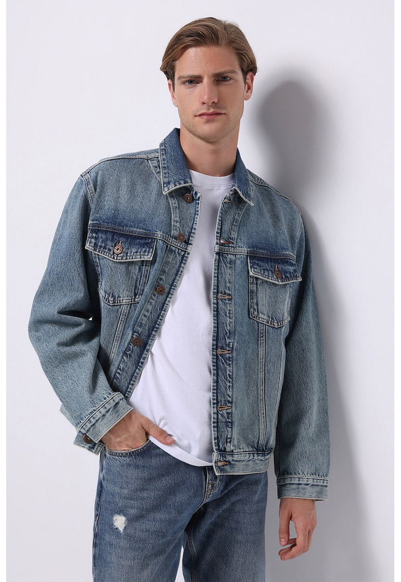 Jacheta din denim cu buzunare pe piept - Albastru