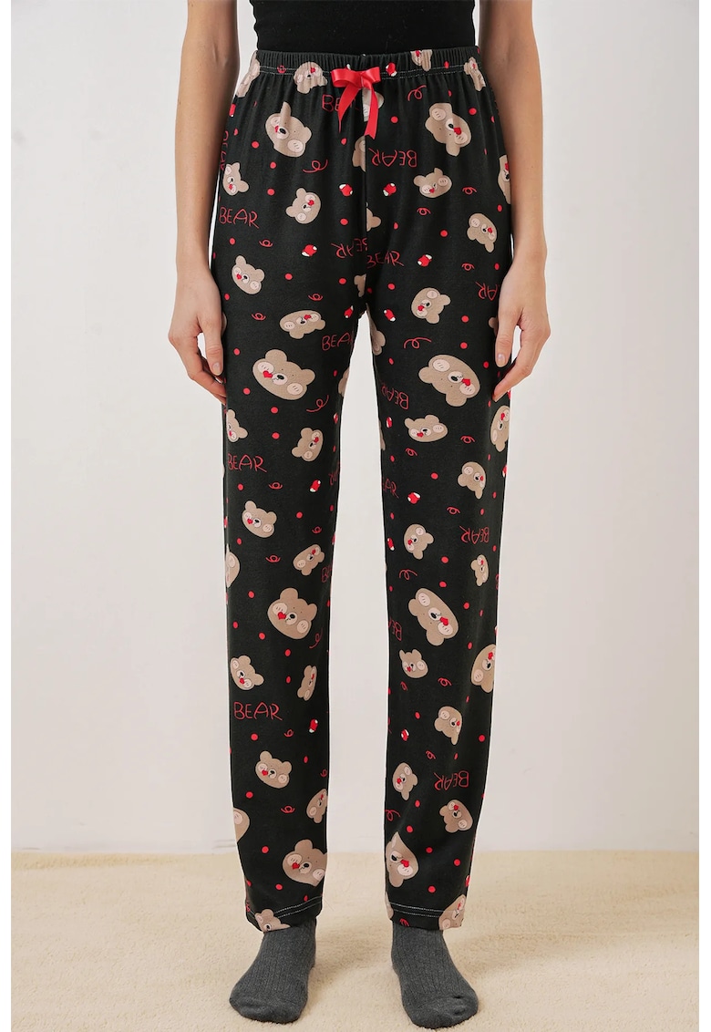 Pantaloni de pijama  poliester/elastan - model cu ursuleti - negru -