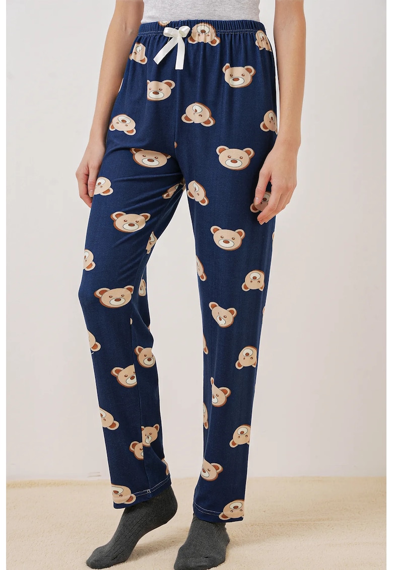 Pantaloni de pijama  poliester/elastan - model cu ursuleti - bleumarin