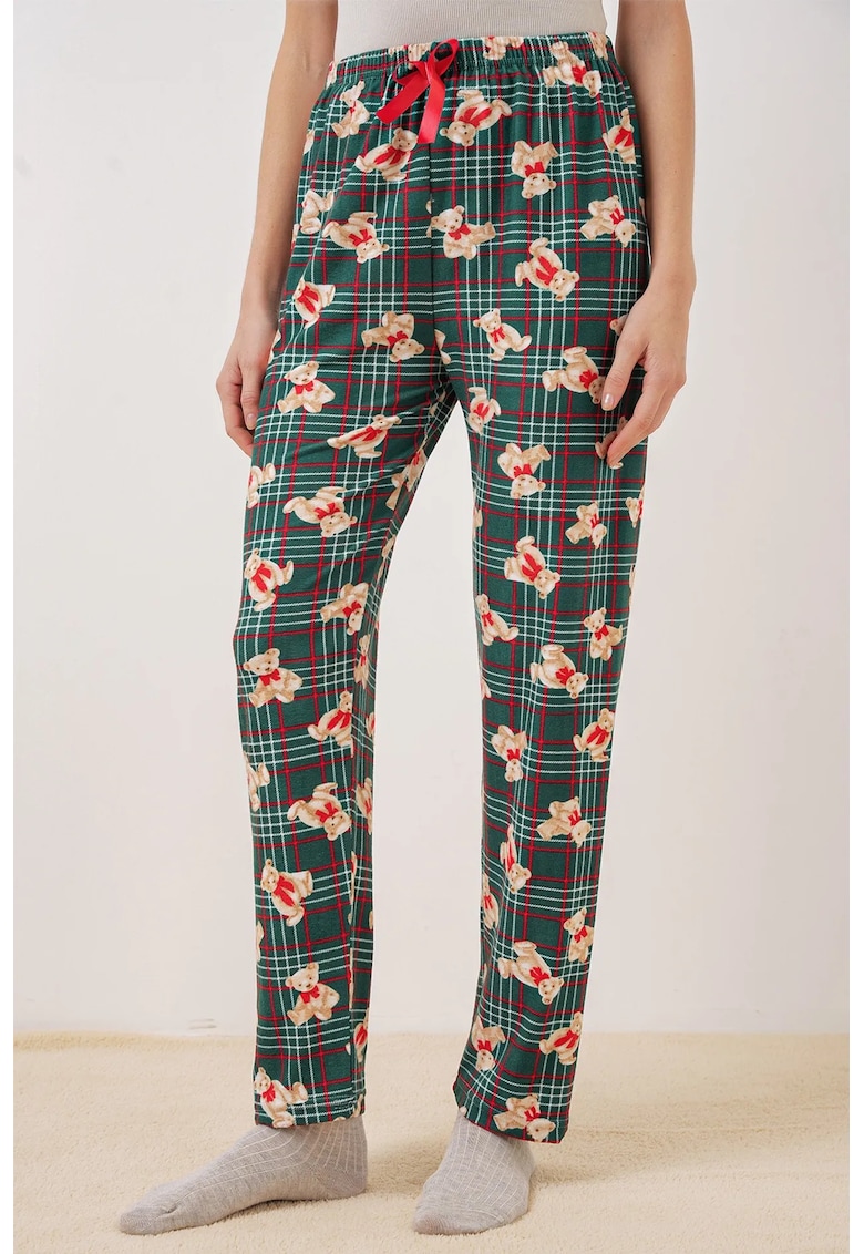 Pantaloni de pijama  poliester/elastan - model cu ursuleti si carouri - multicolor
