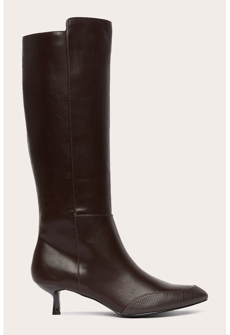 Cizme de piele ecologica pana la genunchi - cu toc kitten - Maro inchis