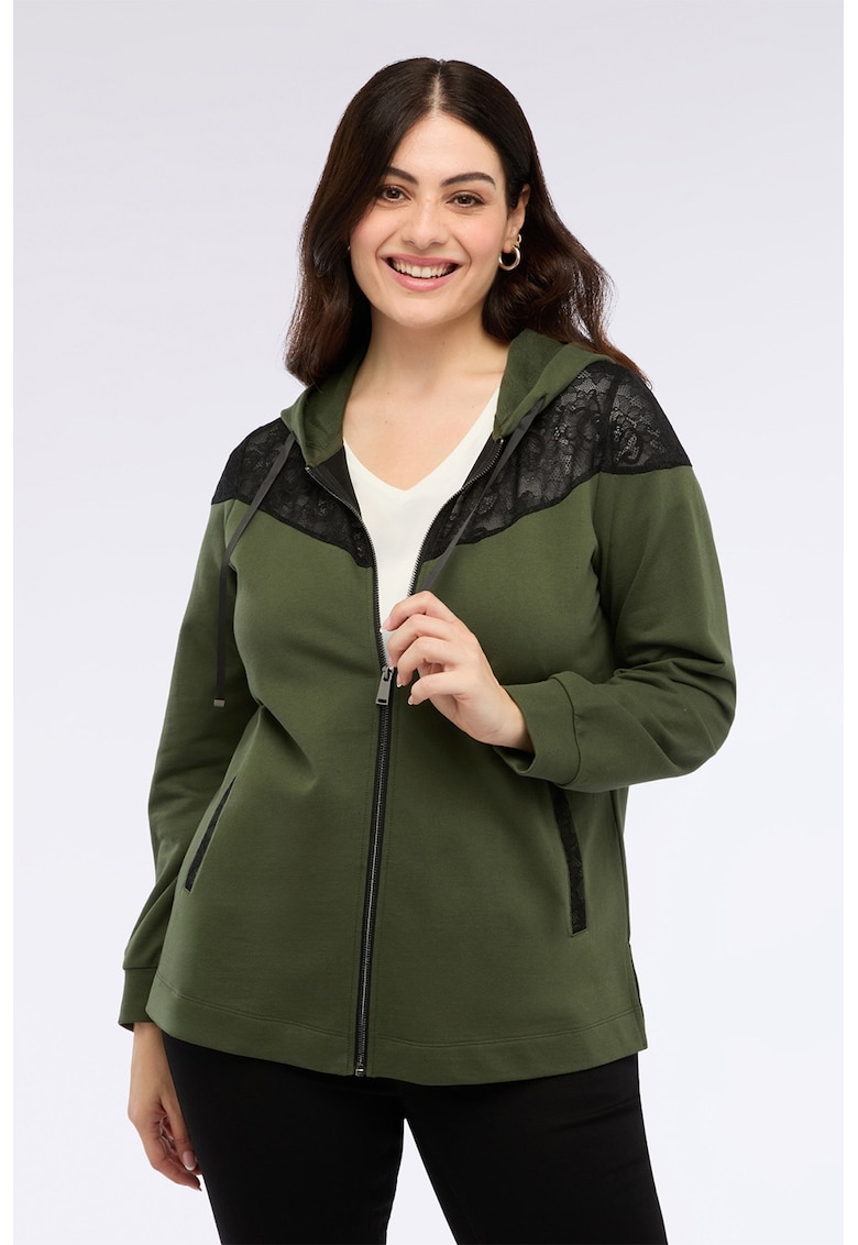 Hanorac cu fermoar si insertii de dantela - Negru/Verde sparanghel