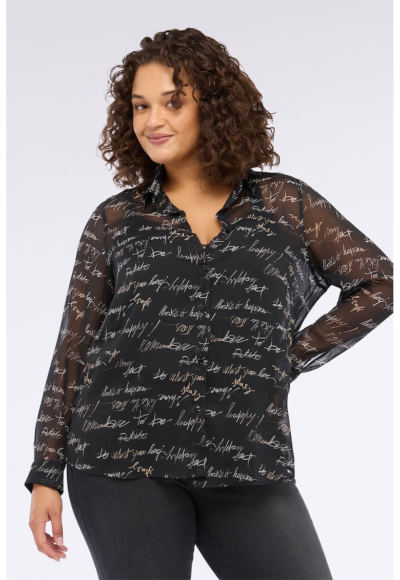 Camasa cu text si guler clasic - Negru/Maro camel