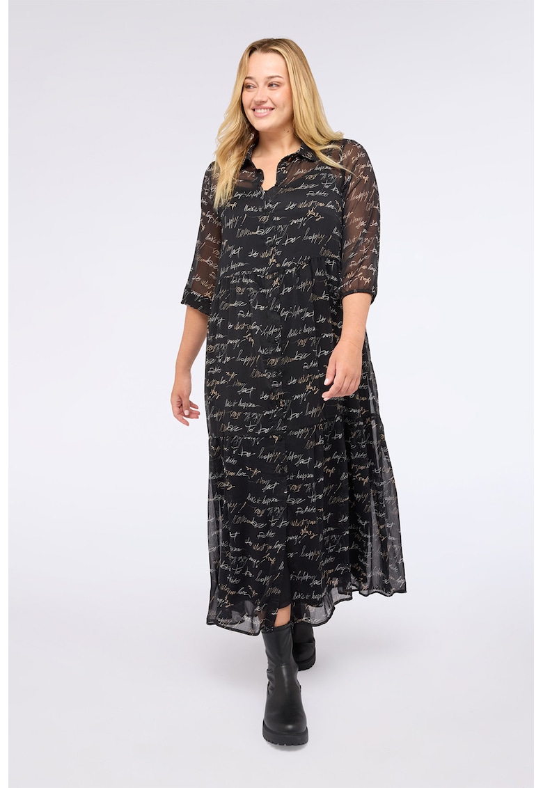 Rochie cu text si maneci trei sferturi - Negru